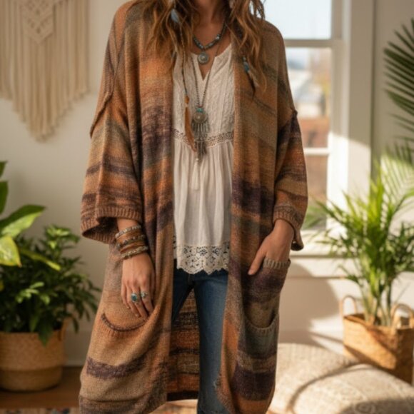 ASOS Design Long Sleeve Hippie Boho Festival Knit Cardigan Sweater Brown S/M - Picture 9 of 9